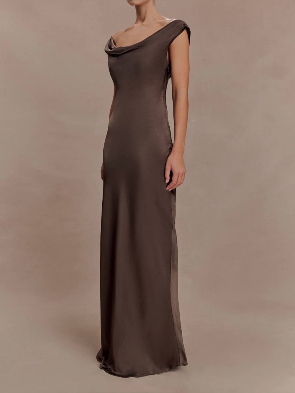 NWT Meshki Ashley Cowl Neck Lace And Satin Maxi Dress - Mocha